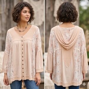 POL Clothing Hooded Multi Fabric Oversized Tiered Bell Sleeve Shirt Size Small